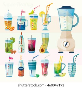 Set of Summer Fresh Smoothies.The collection of health drinks. Vegetarian smoothie in glass jars. Berry, seed, vegetables, fruit cocktails. Drinks for detox and healthy diet. Vector Illustration.