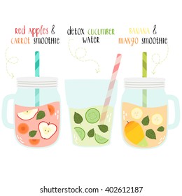 set of summer fresh smoothies in mason jar and detox water. Summer smoothie with banana, mango and mint, smoothie with apples and carrots and glass of detox cucumber water on white background.