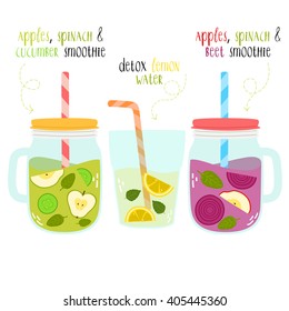 set of summer fresh smoothies in mason jar and detox water. Summer smoothie with apples, cucumbers and spinach, smoothie with beet and apples and glass of detox lemon water on white background.
