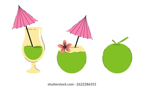Set of summer fruit cocktails in glass and coconut. Vector beverage collection on white background for interior, poster, banner
