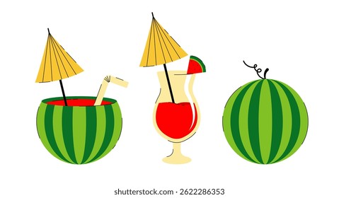 Set of summer fruit cocktails in glass and watermelon. Vector beverage collection on white background for interior, poster, banner