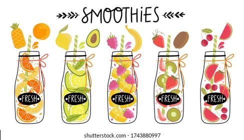 Set of summer fruit cocktails in a jar on a white background. Smoothie time. Summer menu for cafe, bar. Healthy diet or detox diet. Hand drawn cartoon illustration.