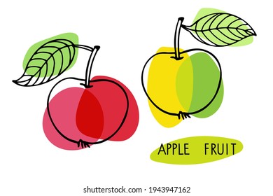 Set of summer fruit. Red and green Apples with leaf hand drawn sketch isolated. Outline vector illustration. Farmer Market Logo. Organic food eco template for menu, apple jam, juice label, tea banner.