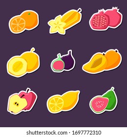 Set of summer fruit stickers. Illustration on flat cartoon style on isolated background
