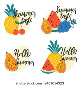 A set of summer fruit stickers.Isolated on a white background.Bright, juicy vector illustration.