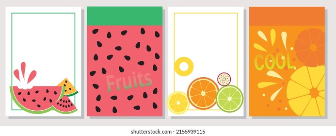 Set of summer fruits decorative frame. Juicy fruits decoration template collection. Vector illustration.