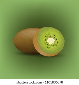 Set, Summer fruits for healthy lifestyle. Kiwi, whole fruit and half. Vector illustration isolated on green background.