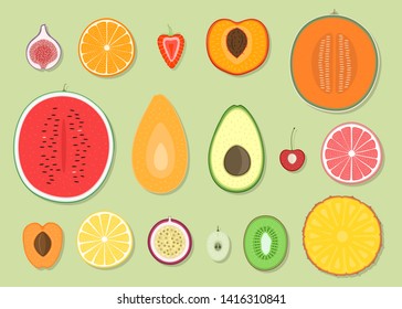 Conjunto de íconos de frutas de verano, frutas tropicales, productos dulces, colores y pinturas