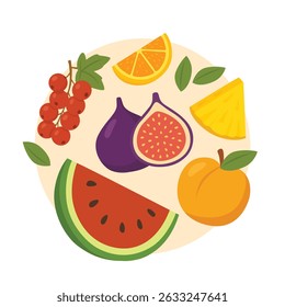 Set of summer fruits including watermelon, fig, orange slice, red currant, pineapple, and apricot. Flat cartoon vector illustration. Design for sticker, banner, greeting card, postcard, poster