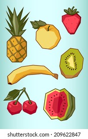 Set of summer fruits: pineapple, apple, banana, cherry, strawberry, watermelon, kiwi