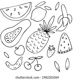 conjunto de frutos de verano, conjunto vectorial de elementos de doodle con contorno negro, coloreado