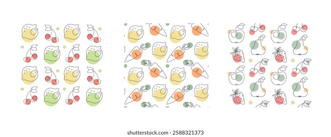 Set of summer fruits and vegetables wallpapers. Collection of vector seamless patterns with outline food. Repeat texture for textile or wrapping paper.