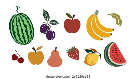 Set of summer fruits, watermelon, banana, cherry, lemon, plum, strawberry, apple, pear. Perfect for prints, packaging, and kitchen decor. Colorful flat vector illustration Isolated on white background