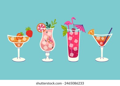 Conjunto de bebidas refrescantes frutales de verano. Vector gráfico.