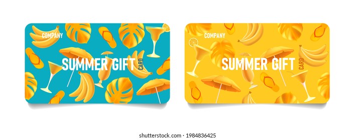 Set of summer gift cards or vouchers with bright 3d illustrations of summer beach attributes forming pattern