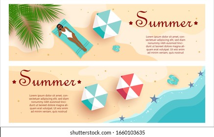 Set of summer gift certificates. African American girl sunbathes in a swimsuit. View from above. Unusual design of the coupon used for invitation, gift card and certificate. Vector illustration with