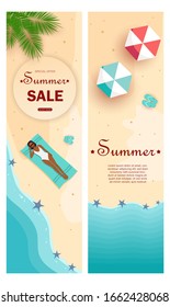 Set of summer gift certificates. African American girl sunbathes in a swimsuit. View from above. Unusual design of the coupon used for invitation, gift card and certificate. Vector illustration with