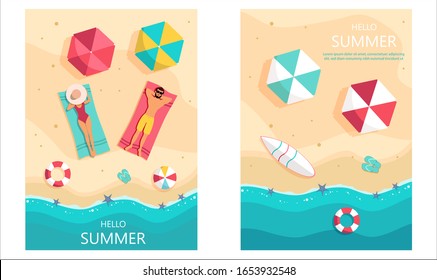 Set of summer gift certificates. Unusual design of the coupon used for invitation, gift card and certificate. Vector illustration with sea shore and palm trees, people are sunbathing.