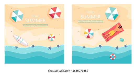 Set of summer gift certificates. Unusual design of the coupon used for invitation, gift card and certificate. Vector illustration with sea shore and palm trees, people are sunbathing.