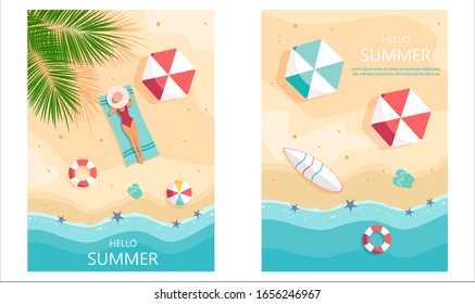 Set of summer gift certificates. Unusual design of the coupon used for invitation, gift card and certificate. Vector illustration with sea shore and palm trees, woman in hat sunbathing.