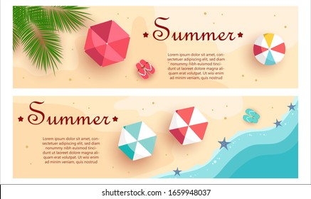 Set of summer gift certificates. Unusual design of the coupon used for invitation, gift card and certificate. Vector illustration with sea shore and palm trees.