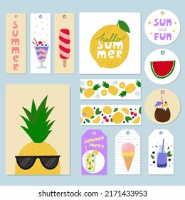 Set of summer gift tags, labels and greeting cards with cute cartoon objects and lettering. Doodle flat style. Vector illustration