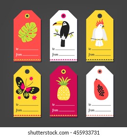 Set of summer Gift Tags with monstera leaf, toucan, cockatoo, butterfly, pineapple, papaya in Orange, White, Yellow, Pink and Green. Perfect for holiday greetings