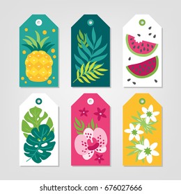 Set of summer Gift Tags with pineapple, palm leaves, watermelon, orchid and tropical flowers in White, Green, Yellow and Pink. Perfect for holiday greetings