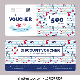 Set of summer gift vouchers for kids and baby goods .  Gift certificate for a holiday.  Vector flat illustration