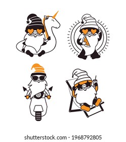 El conjunto de gnomos de verano Los personajes de dibujos animados de la playa. La colección de dibujo manual es una ilustración vectorial
