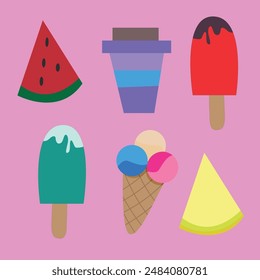 A set of summer goodies. Vector set on the theme of ice cream, watermelon slices and melons.