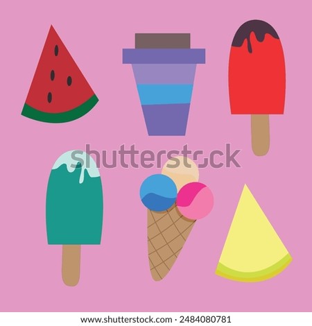 A set of summer goodies. Vector set on the theme of ice cream, watermelon slices and melons.