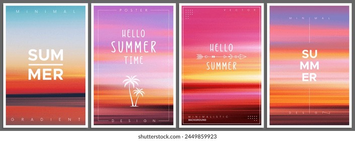 Set of summer gradient posters in minimal style. Beautiful ocean beach horizon with sunrise or sunset. Trendy design with ambient soft blurred background for banner, flyer, cover or invitation