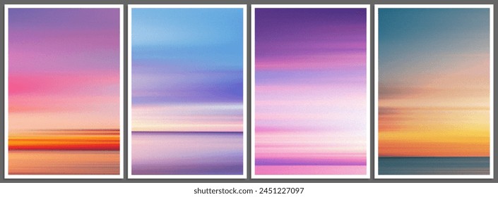 Set of summer gradient posters in minimal style. Beautiful ocean beach horizon with sunrise or sunset. Trendy design with ambient soft blurred background for banner, flyer, cover or invitation