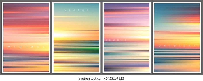 Conjunto de posters de gradiente de verano en estilo minimalista. Hermoso horizonte de playa oceánica con amanecer o atardecer. Diseño de moda con el fondo borroso suave del ambiente para el Anuncio, el volante, la cubierta o la invitación