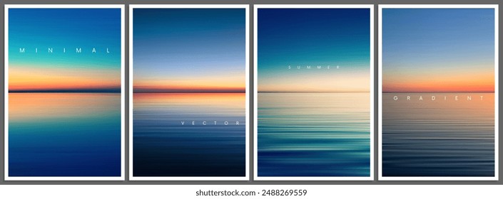 Conjunto de posters de gradiente de verano en estilo minimalista. Hermoso horizonte de playa oceánica con amanecer o atardecer. Diseño de moda con el fondo borroso suave del ambiente para el Anuncio, el volante o la cubierta del libro