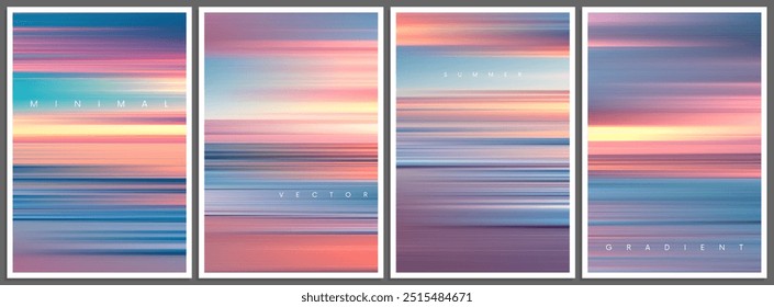 Conjunto de carteles de degradado de verano en estilo minimalista. Colores pastel. Horizonte hermoso de la playa del océano con la salida o la puesta del sol. Diseño de moda con el fondo borroso suave ambiental para el Anuncio, el volante o la cubierta