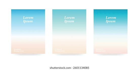 Set of summer gradient posters in minimal style. Soft blurred ocean horizon, beach colors gradient background for banner, card, flyer and book cover. 