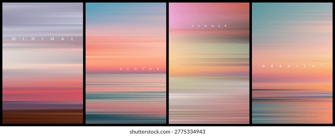 Set of summer gradient posters in minimal style. Beautiful ocean beach horizon with sunrise or sunset. Trendy design with ambient soft blurred background for banner, flyer, cover or invitation. Minimal abstract landscape built from thin horizontal lines blending pastel heat and cool dusk tones for posters, gallery prints and ambient music artwork. Infinite beauty of nature for a peaceful modern interior. Vector illustration