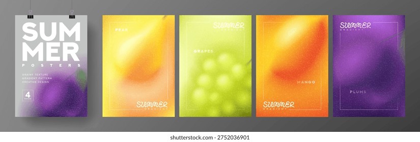 Set of summer gradient posters. Trendy vector cards with colourful gradients and blurred summer berries and fruit. Collection of grainy backgrounds for summer events, ads, branding, cover, sale.