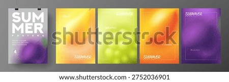 Set of summer gradient posters. Trendy vector cards with colourful gradients and blurred summer berries and fruit. Collection of grainy backgrounds for summer events, ads, branding, cover, sale.