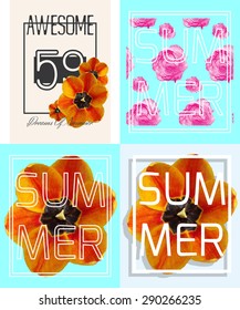 Set of summer graphic print with flowers for t-shirt or other uses. Vector illustration. 