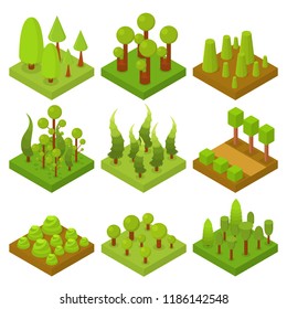 Set of summer green trees. Woodland. Forest area. Isometric 3D elements for games, maps. Vector illustration.