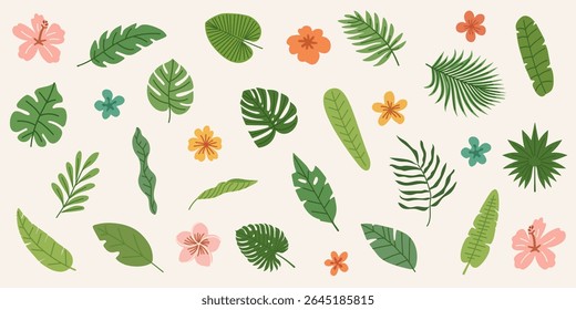Set of summer green tropical leaves. Botanical jungle plants, leaves and flowers. Flat hand drawn illustration. Summer illustrations on exotic theme
