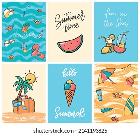 Set of summer greeting cards, posters, prints deocrated with lettering quotes and doodles. EPS 10	