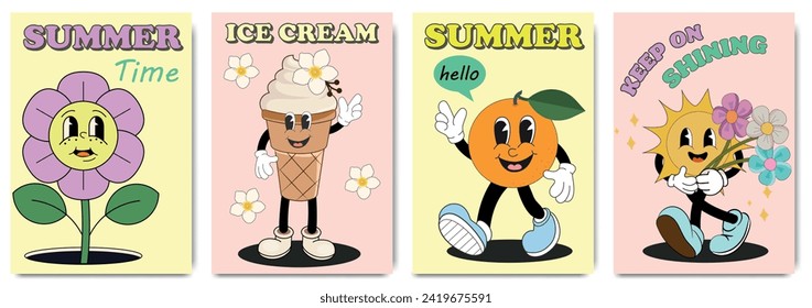 Set of summer greeting cards, posters or backgrounds in funky groovy style. Cartoon summer  60s, 70s vector illustrations with Ice cream, Orange, Daisy, The sun character.  Retro hippie design