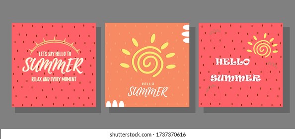 Reihe von Sommergrüßkarten mit der Sonne auf einem Erdbeerhintergrund. Poster mit Platz für Text auf Erdbeerhintergrund. Vorlage für eine Postkarte, Blog, Flyer, Einladung. Vektor-Abbildung