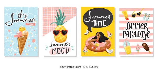 Set of summer greeting cards. Women floating on swim ring, ice cream, cute pineapple, lemonade etc. Summer rest and vacation concept. Vector illustration.