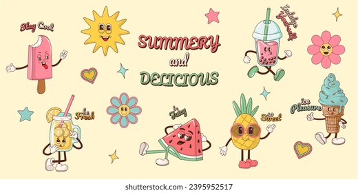 Set of summer groovy cheerful food and drinks characters. Retro stickers, stamps, patches or mascots for cafe. Vector illustration with bubble tea, lemonade, ice cream, watermelon, pineapple, flowers.