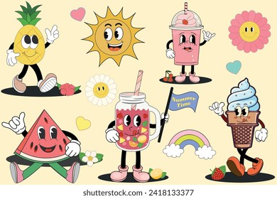 Set of summer groovy cute food and drinks characters. Retro stickers, stamps, patches or mascots for cafe. Vector illustration with bubble tea, lemonade, ice cream, watermelon, pineapple, flowers